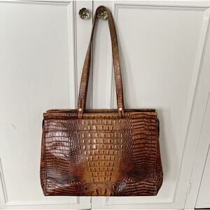 BRAHMIN Large Pecan Brown Croc Leather Embossed Purse Tote Shoulder Bag